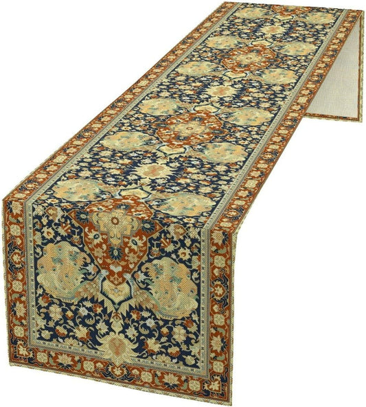 Vintage Boho Floral Table Runner, Elegant Luxurious Rustic Country Farmhouse Navy Blue Gold Retro Flower Pattern for Home Kitchen Table Decor Dining Coffee Room Party Decor 13x36in