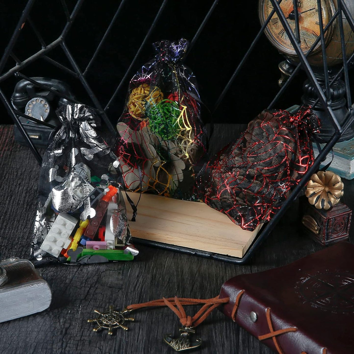 WenTao Halloween Organza Bags, Black Spider Web Favor Gift Bags with Drawstring, 4 x 6 inches Jewelry Gift Bags for Christmas, Halloween, Festival, Pouches Candy Mesh Pouches