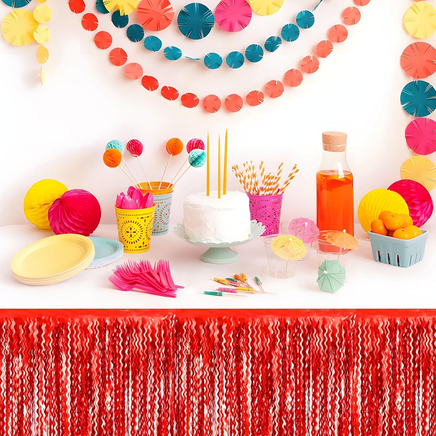 6 Pack 29 x108 Inch Red Wave Foil Fringe Table Skirts Metallic Banner for Tinsel Streamer Garland Backdrop for Parade Floats, Mother's Day, Easter, Wedding, Birthday Party Decoration