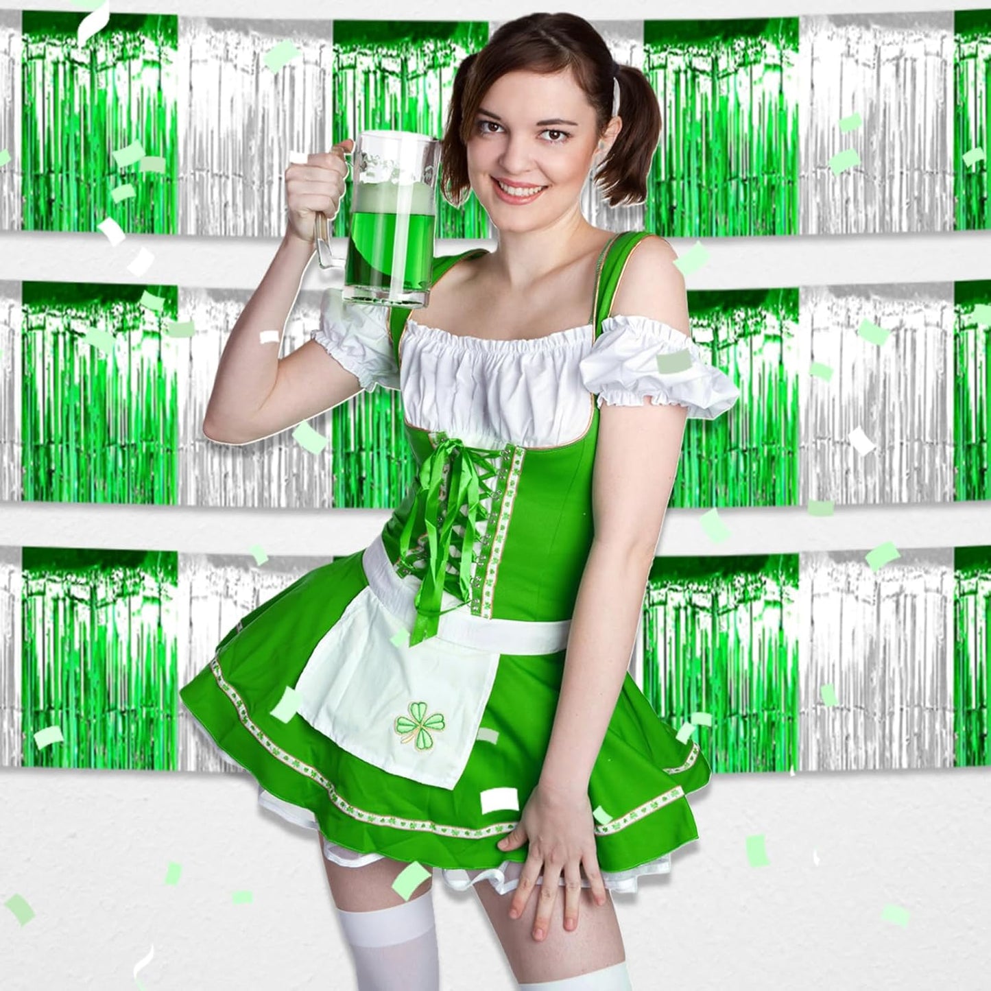 4 Pack 10 Feet Silver Green Foil Fringe Garland Metallic Tinsel Streamers Banner Wall Hanging Curtain Backdrop for Parade Floats, Wedding, Graduate, Mother's Day, Birthday Party Decoration