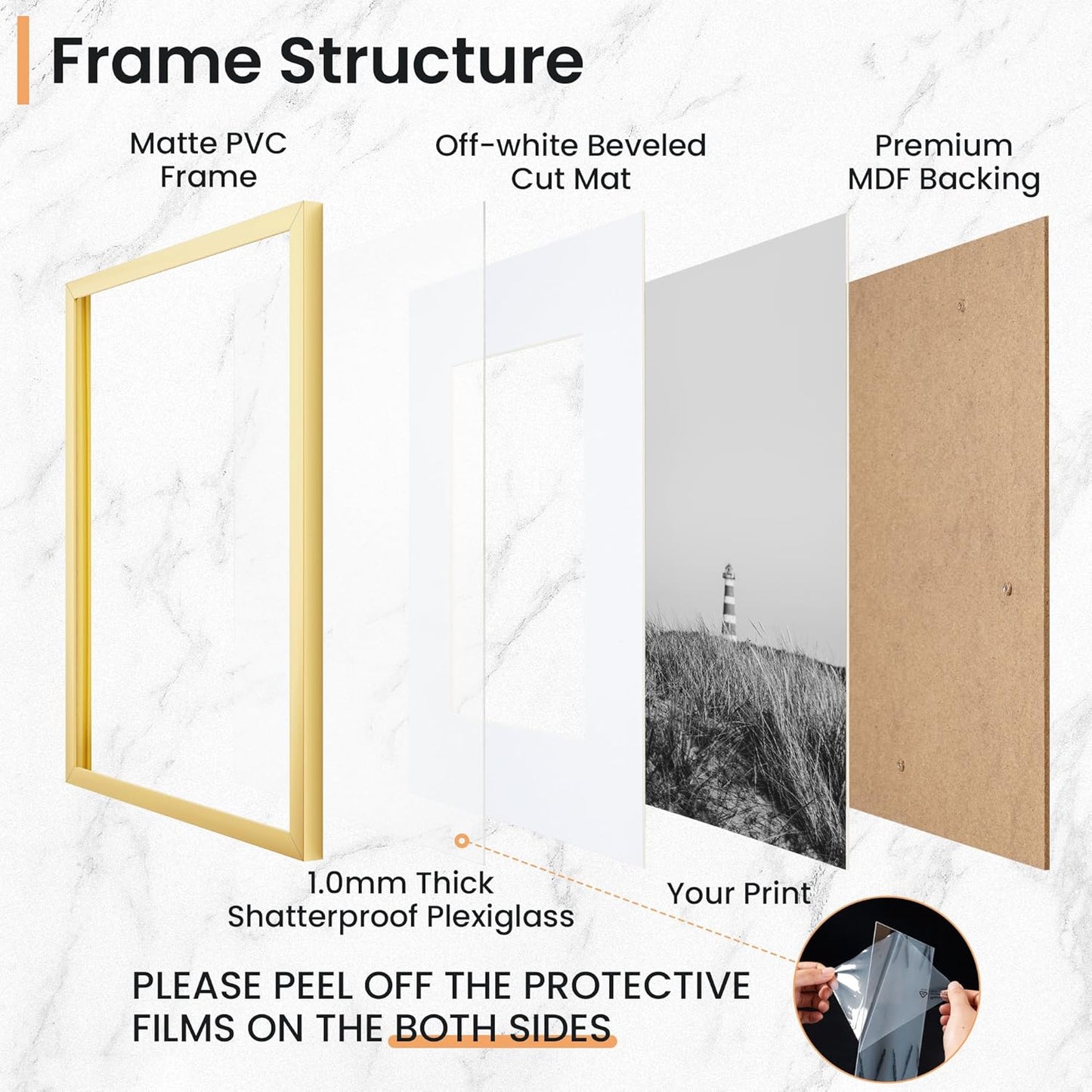 16x20 inch Picture Frame, 16x20 Photo Frames with 11x14 Removable Mat - High Definition Plexiglass - Vertical and Horizontal Display - Wall Hanging Frame - Gold, 5 Pack