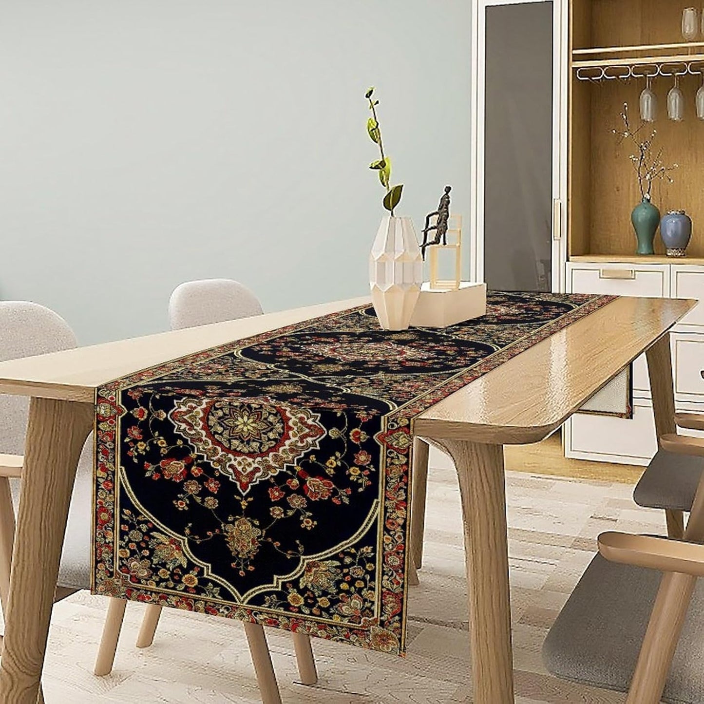 Vintage Boho Floral Table Runner, Rustic Country Farmhouse Black Bohemia Flower Pattern for Home Kitchen Table Decor Dining Cafe Room Wedding Party Decor 13x108in