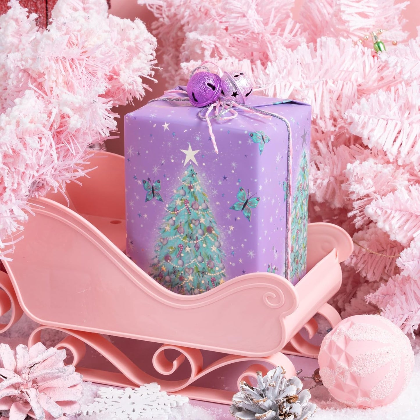 LeZakaa Christmas Purple Wrapping Paper Mini Roll, Christmas Tree Butterfly, Pink Purple Stripe Reversible Design for Winter Holiday Family Gathering, 17 inches x 32.8 Feet