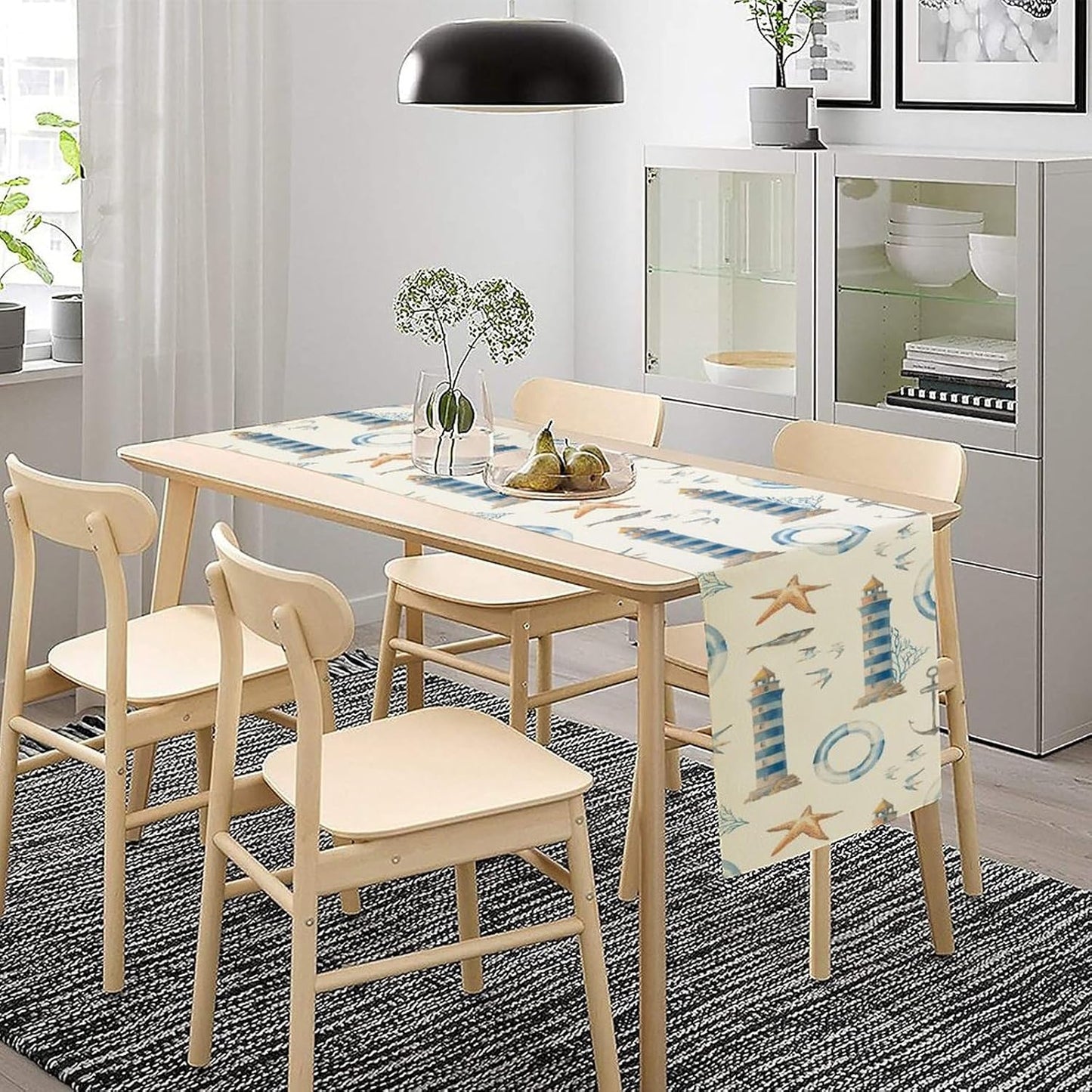 Blue Beach Table Runner, Tropical Ocean Coast Table Runner, Seashell Seasonal Nautical Restaurant Coffee Table Decorations for Home Holiday Party Indoor Outdoor 13x120 Inch