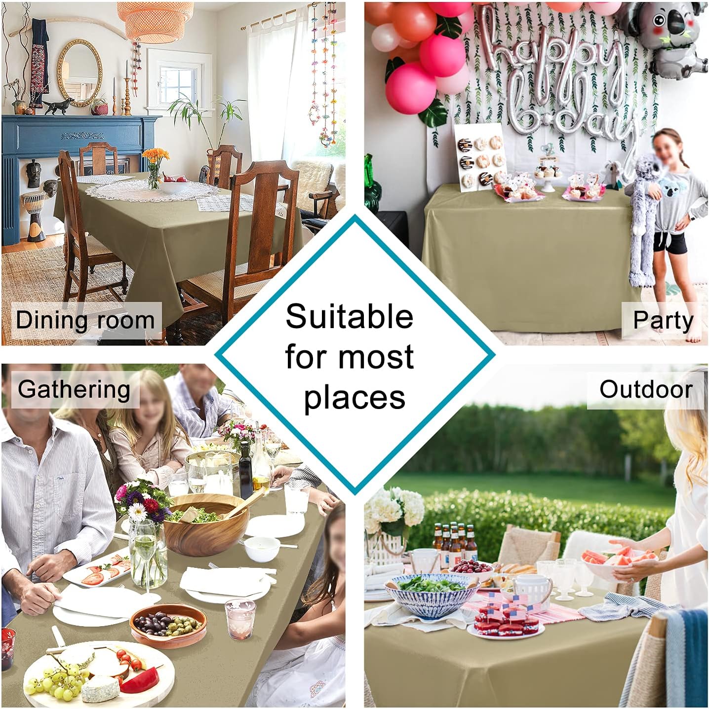 Hiasan Waterproof Tablecloth Rectangle - Washable Fabric Table Cloth for Dining Room Kitchen Birthday Party and Outdoor Use, Khaki, 54 x 80 Inch
