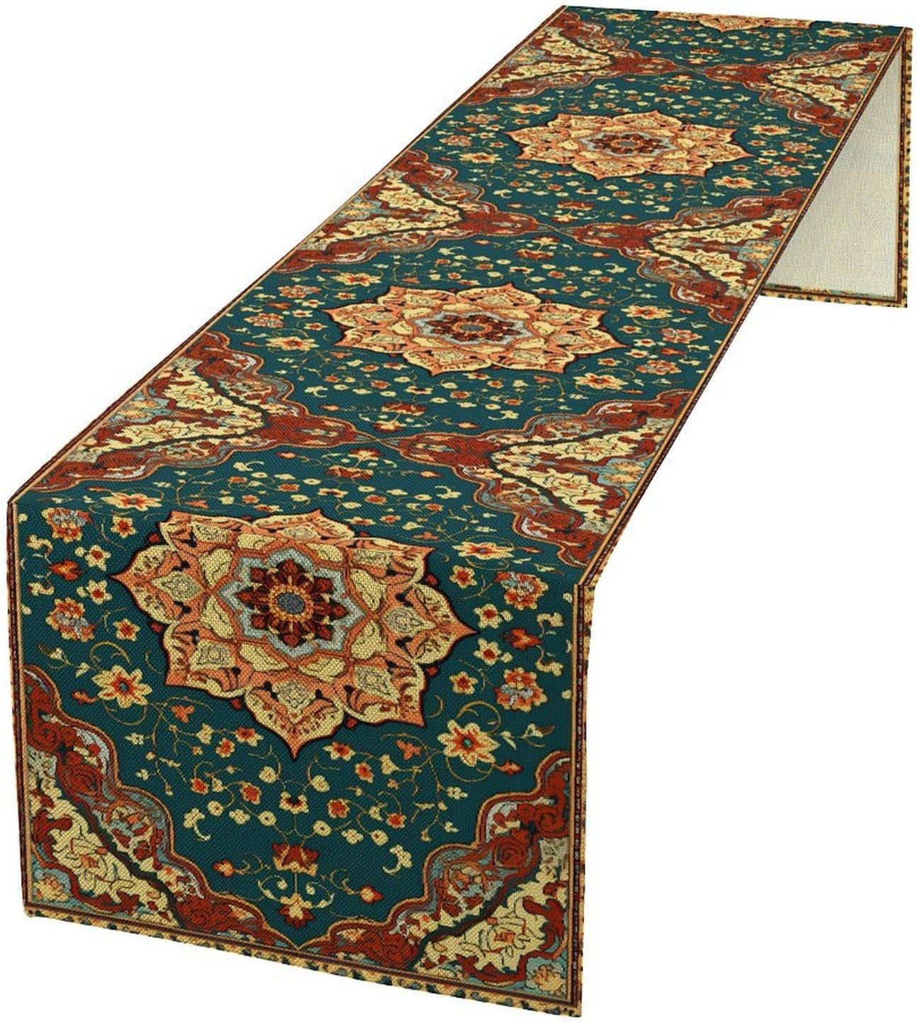 Boho Rich Table Runner, Vintage Blue Teal Gold Retro Flower Rustic Country Style Floral Print Pattern for Home Kitchen Table Decor Dining Coffee Room Garden Party Decor 13x36in