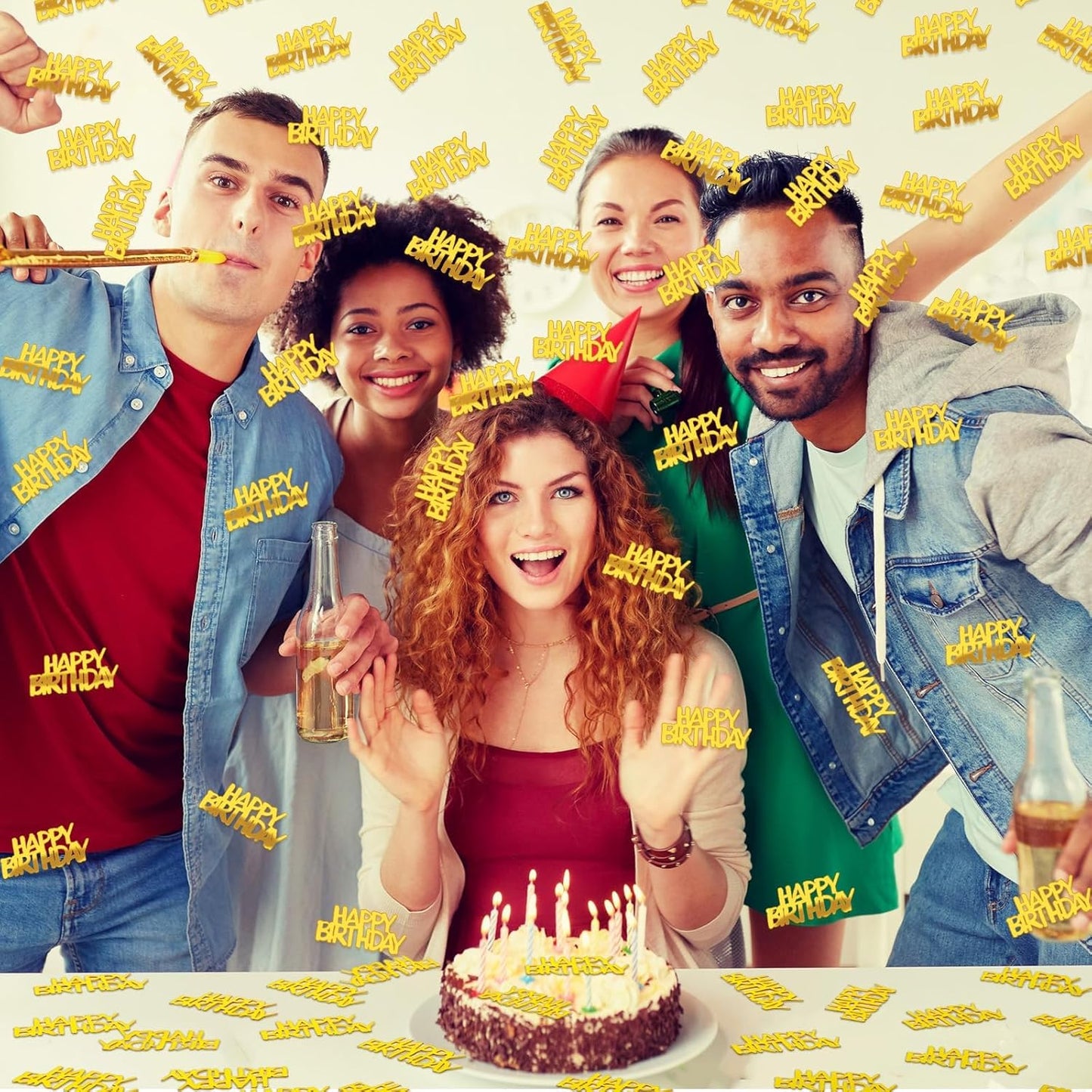 MARFOREVER Gold Happy Birthday Confetti Glitter, Birthday Party Metallic Foil Table Confetti Golden Birthday Cake Balloon Sprinkles Table Centerpiece for Adult Baby Birthday Party Decorations