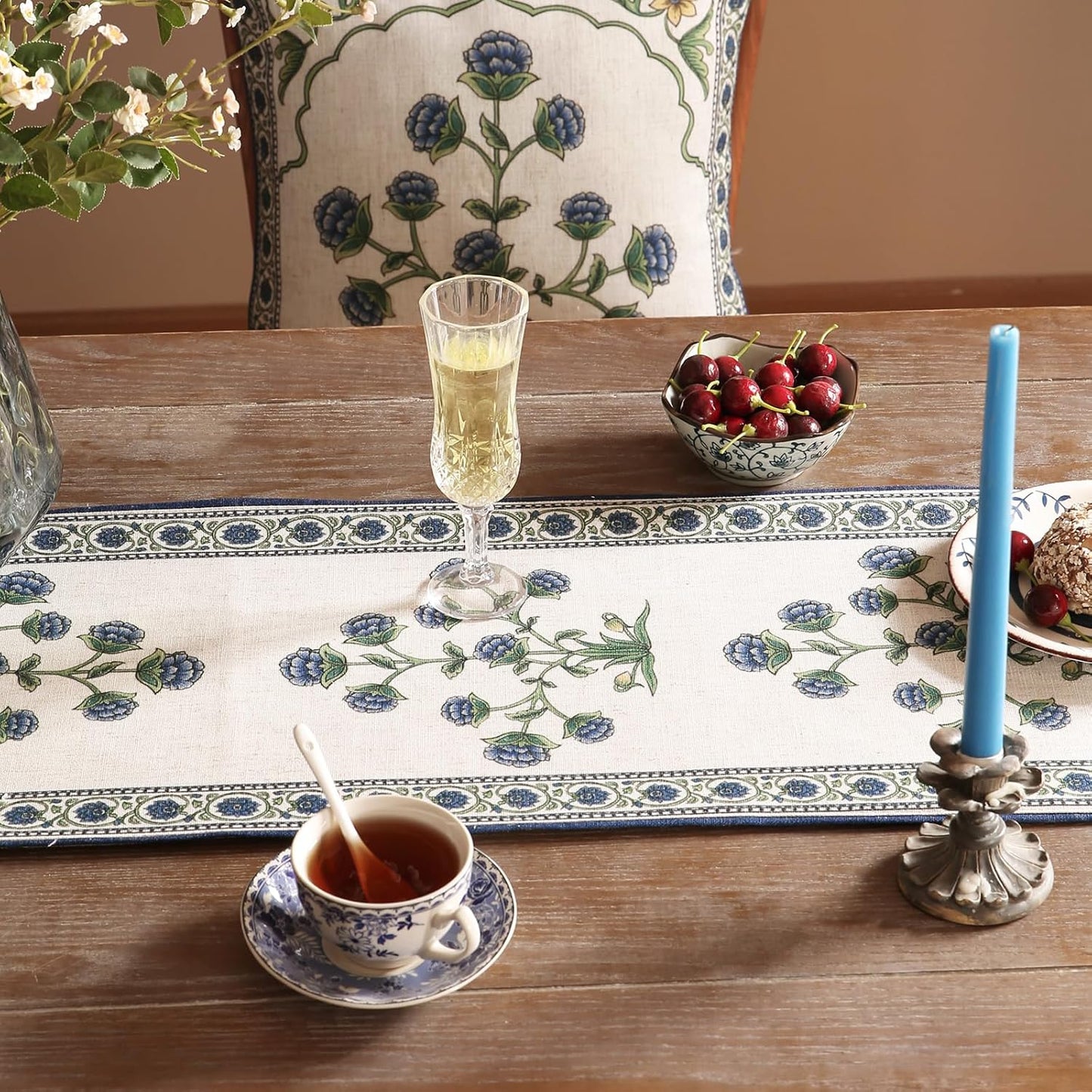 patdrea Designer Blue Rustic Elegant Floral Patterned Linen Table Runner 71 Inch Long,Wrinkle Resistant Table Mat,Decoration for Kitchen Dining and Coffee Tables Banquet Christmas , 12"x71"