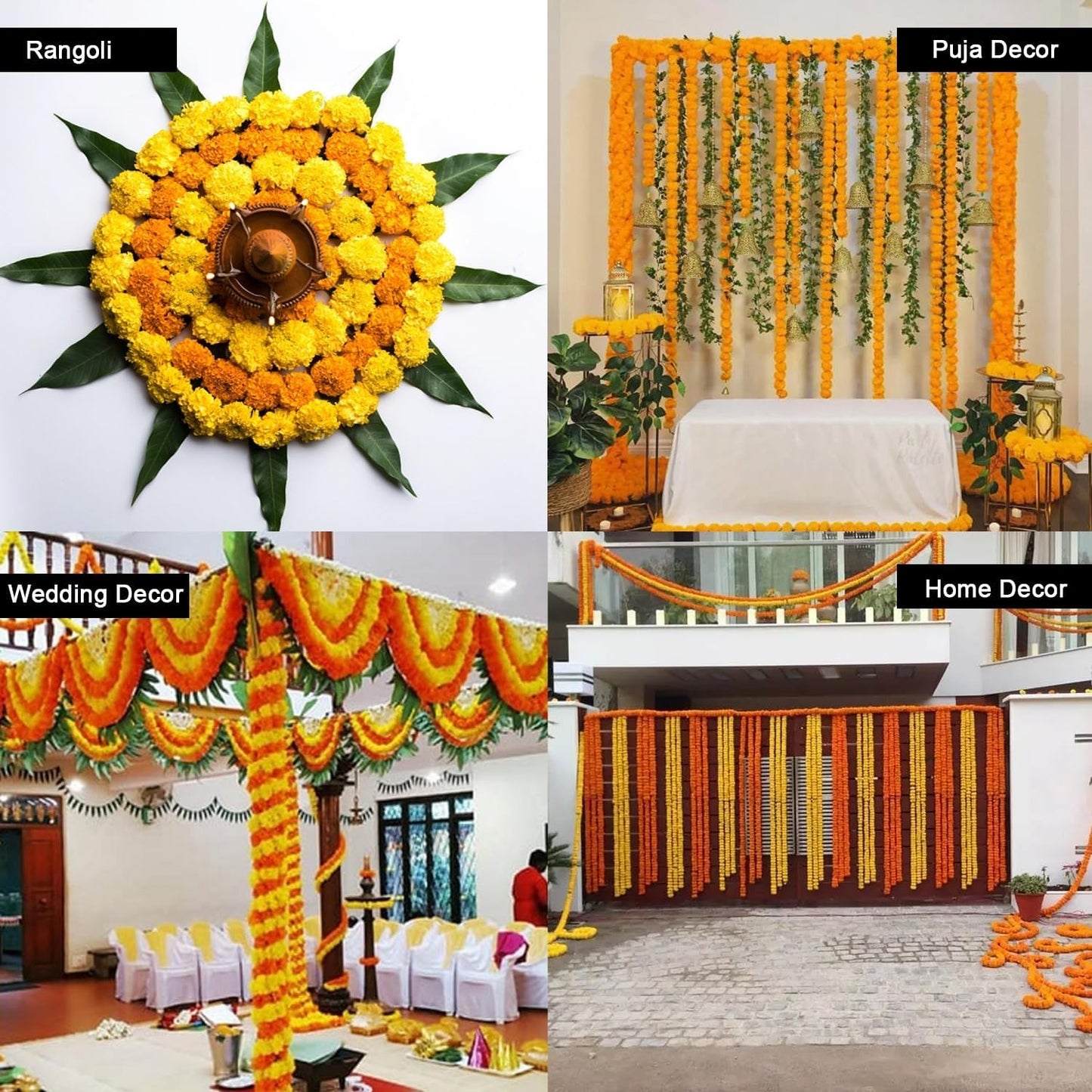 Artificial Marigold Flowers Garland for Diwali Decoration, American Wedding Party, Mantle Decoration, Faux Garlands, Wedding Garland, Spring Bush Floral - 5 String - (Yellow | 4 to 4.5 ft) Hashcart®