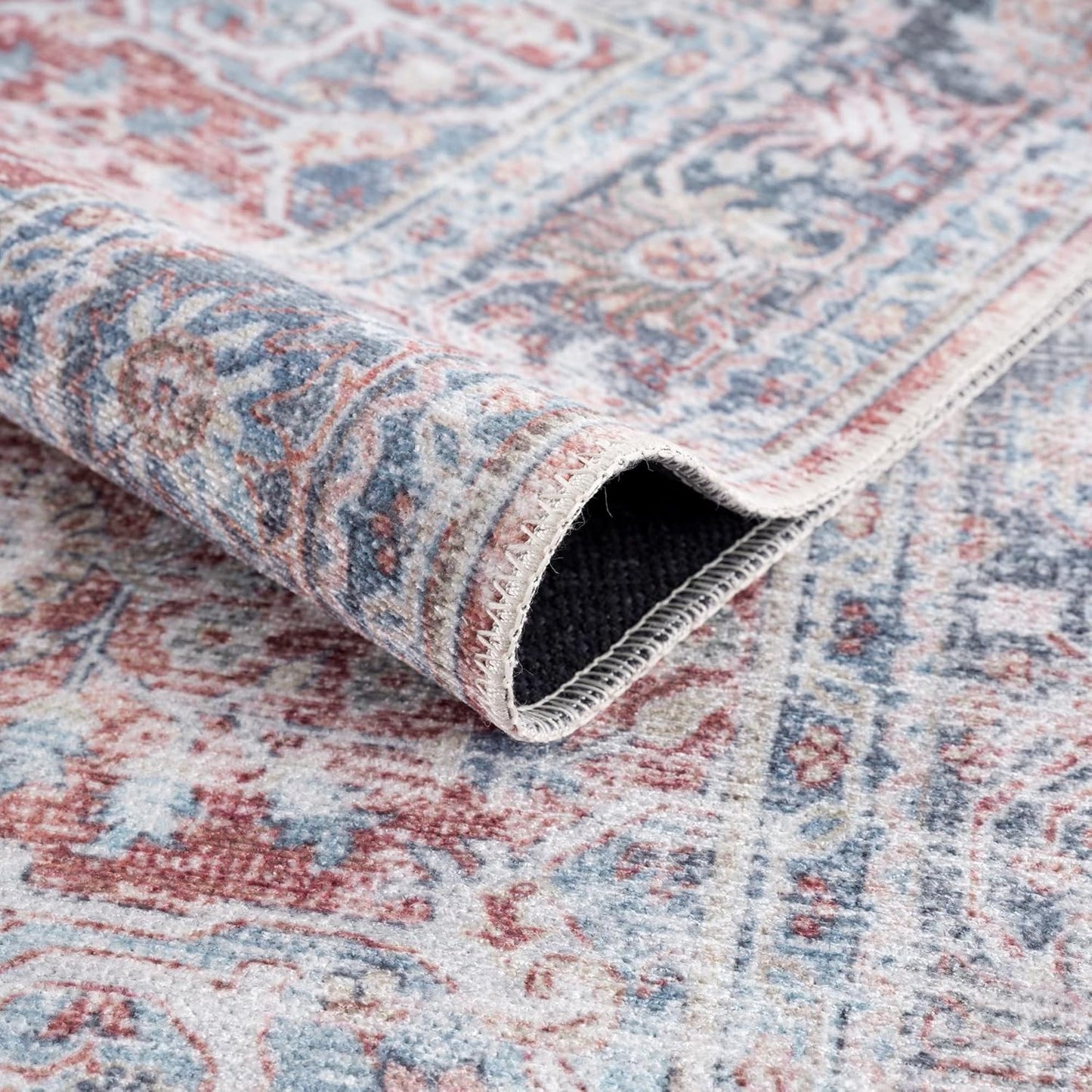 Bloom Rugs Caria Washable Non-Slip 4x6 Rug - Brick/Dark Blue Traditional Area Rug for Living Room, Bedroom, Dining Room, and Kitchen - Exact Size: 4' x 6'