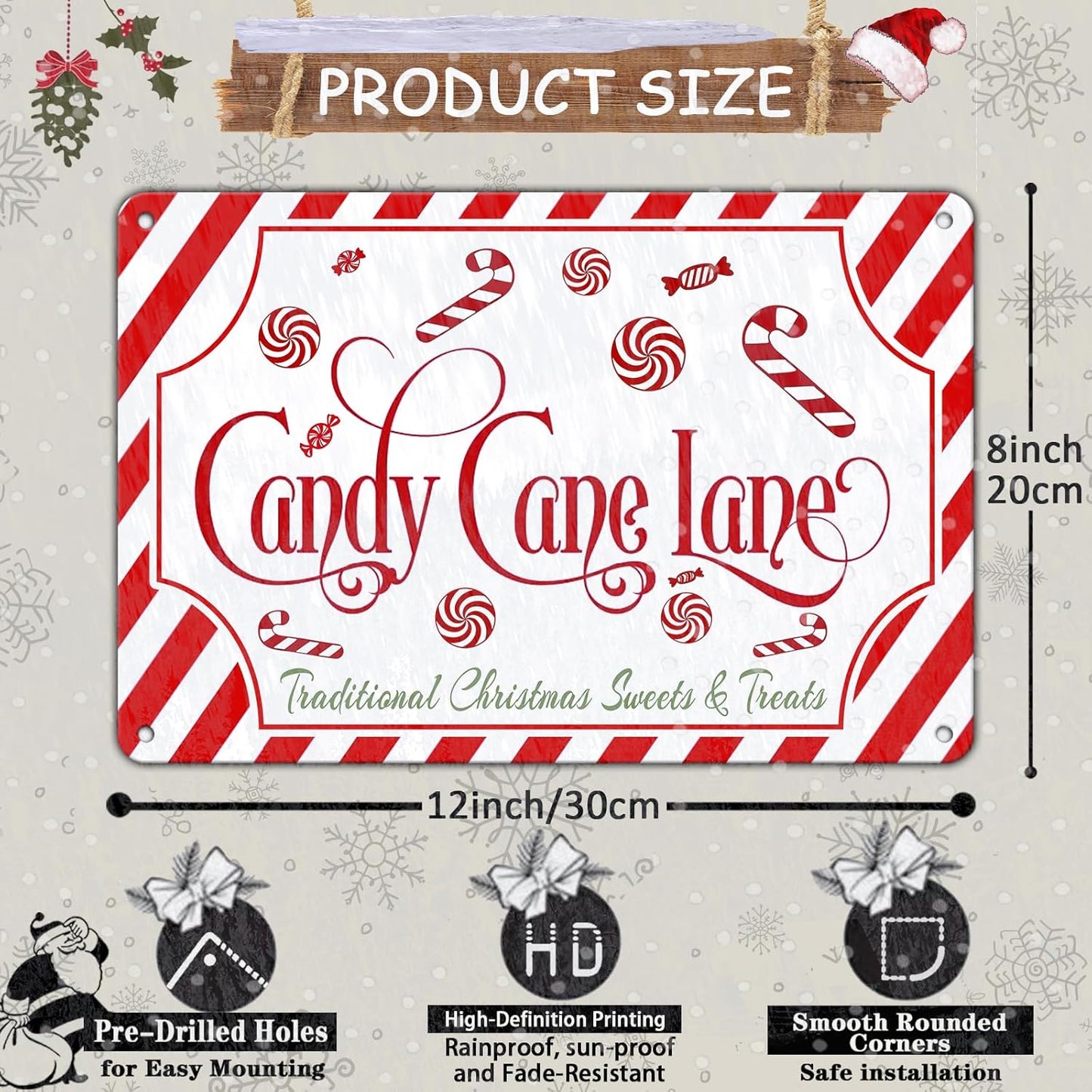 Christmas Candy Cane Lane Metal Tin Sign Traditional Christmas Sweets and Treats Winter Sign for Home Living Room Outdoor or Indoor Wall Decor Gift Christmas Candy Cane Lollipop 8x12Inch