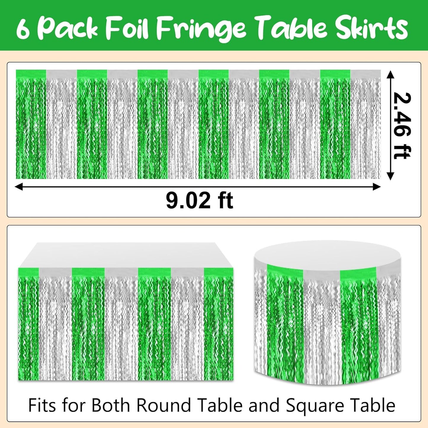 6 Pack 29 x108 Inch Silver Greenange Wave Foil Fringe Table Skirts Metallic Banner for Tinsel Streamer Garland Backdrop for Parade Floats, Mother's Day, Easter, Wedding, Birthday Party Decoration