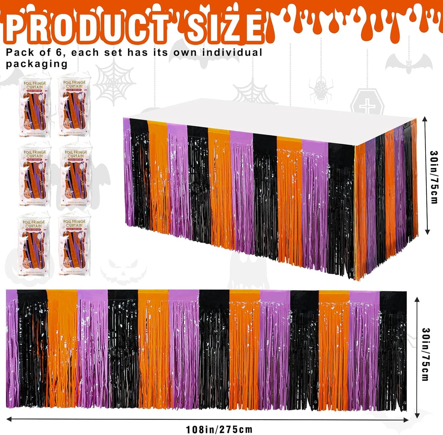 6 Pack 30x108 Inch Halloween Table Skirt Decoration, Metallic Foil Fringe Tinsel Table Skirts, Curtains Backdrop Parade Floats Birthday Halloween Christmas Party Decoration(Black Orange Purple)