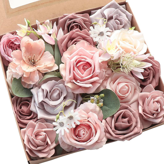 Floroom Dusty Rose Artificial Flowers Fake Roses Peonies and Greenery Combo Box Set for DIY Wedding Bouquets Bridal Shower Centerpieces Floral Arrangements Party Tables Home Decorations