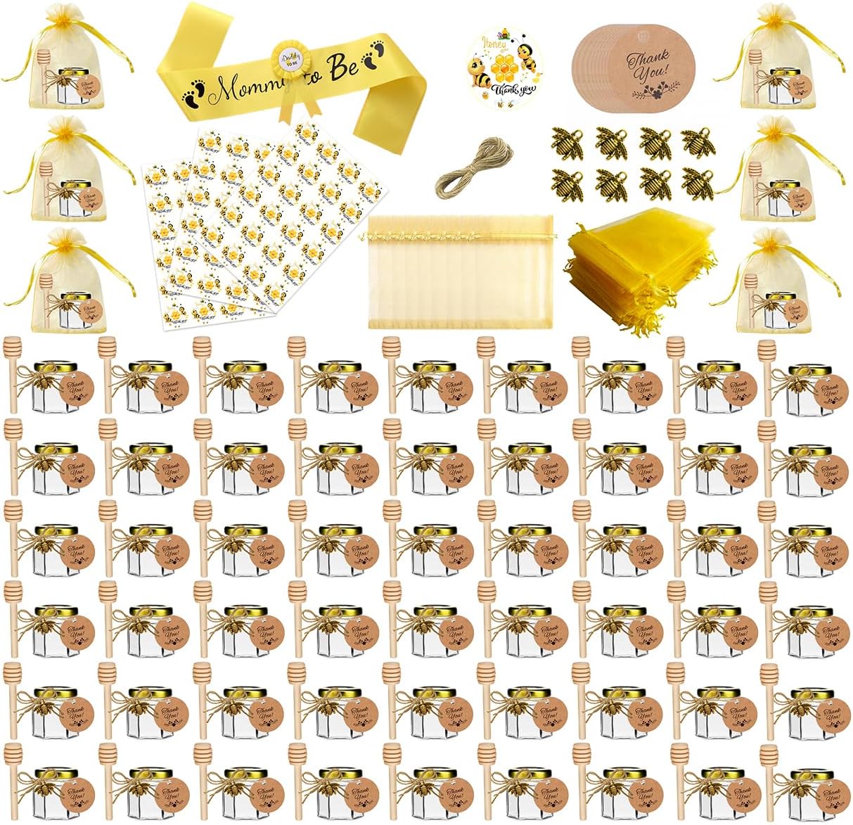 IIKUM 60 Pack 1.5 oz Glass Honey Jars with Baby Shower Sash, Dippers, Bee Pendants, Gift Bags, Thank You Cards, Jute and Stickers-Great Honey Jars Set for Baby Shower Favors, Welcome Baby Decorations