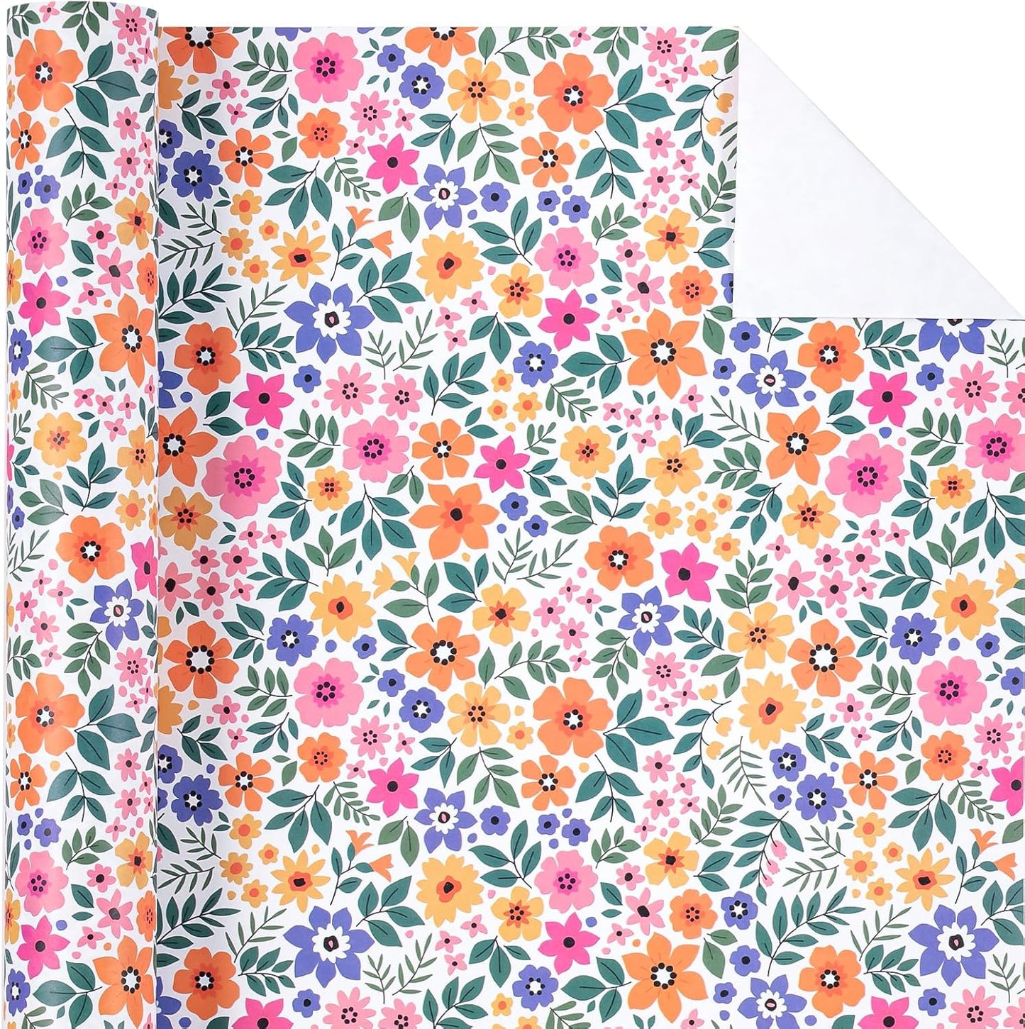 WRAPAHOLIC Kraft Floral Wrapping Paper Roll - Mini Roll - 17 Inch x 9.8 Feet - Ditsy Flower Wrapping Paper, Perfect for Wedding, Birthday, Bridal Shower, Tea Party