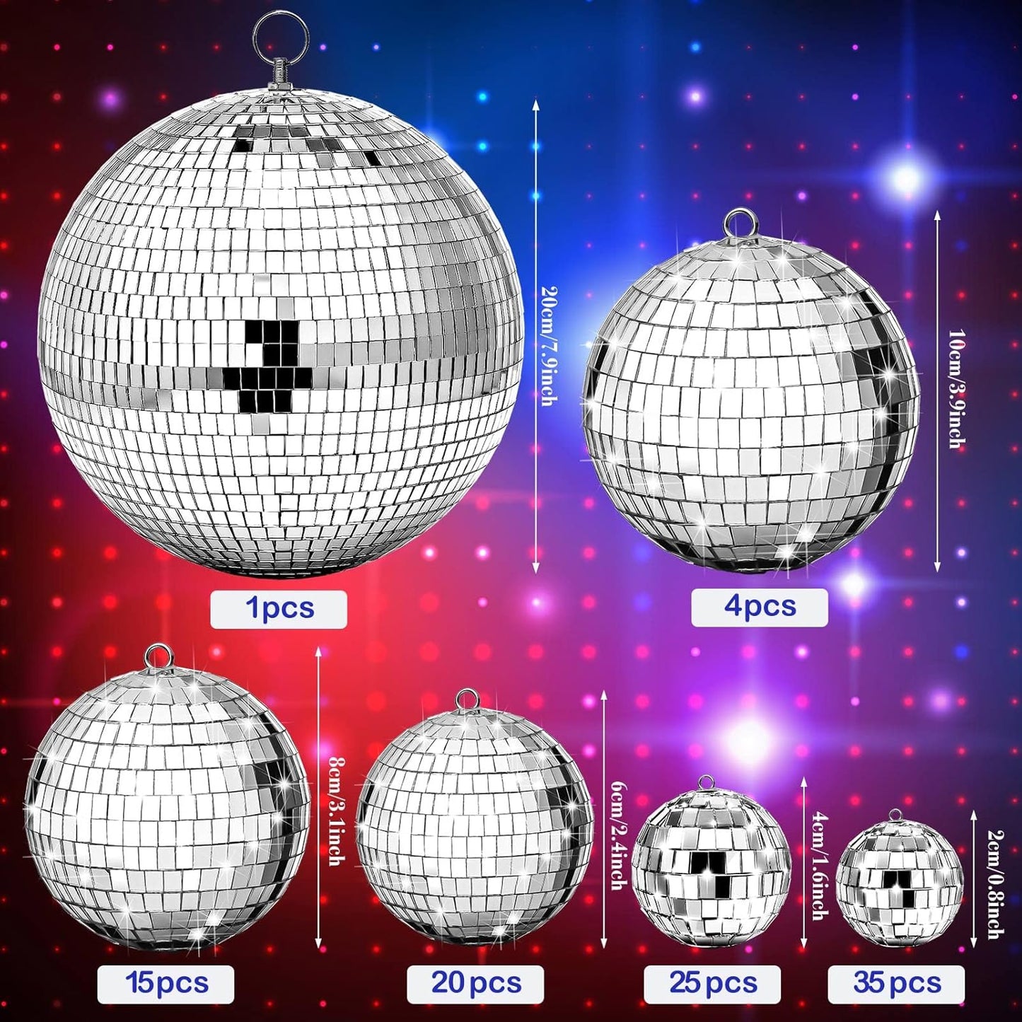 Funtery 100 Pcs Mirror Disco Balls Bulk Assorted Silver Hanging Disco Ball Decor for Home Wedding Birthday Dance Music 70 S Theme Party Christmas Tree Ornaments(0.8'',1.6'',2.4'',3.2'',4'',8'')