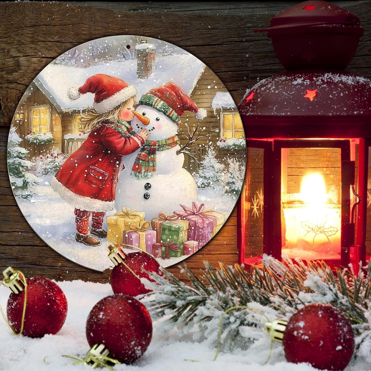 Round Wall Decor Christmas Metal Tin Sign Girl and Snowman Sign Rustic Wall Decor Wall Plaque Snowman Wreath Sign for Christmas Round Wreath Wall Decor Vintage Garage Yard Home 12 * 12 in