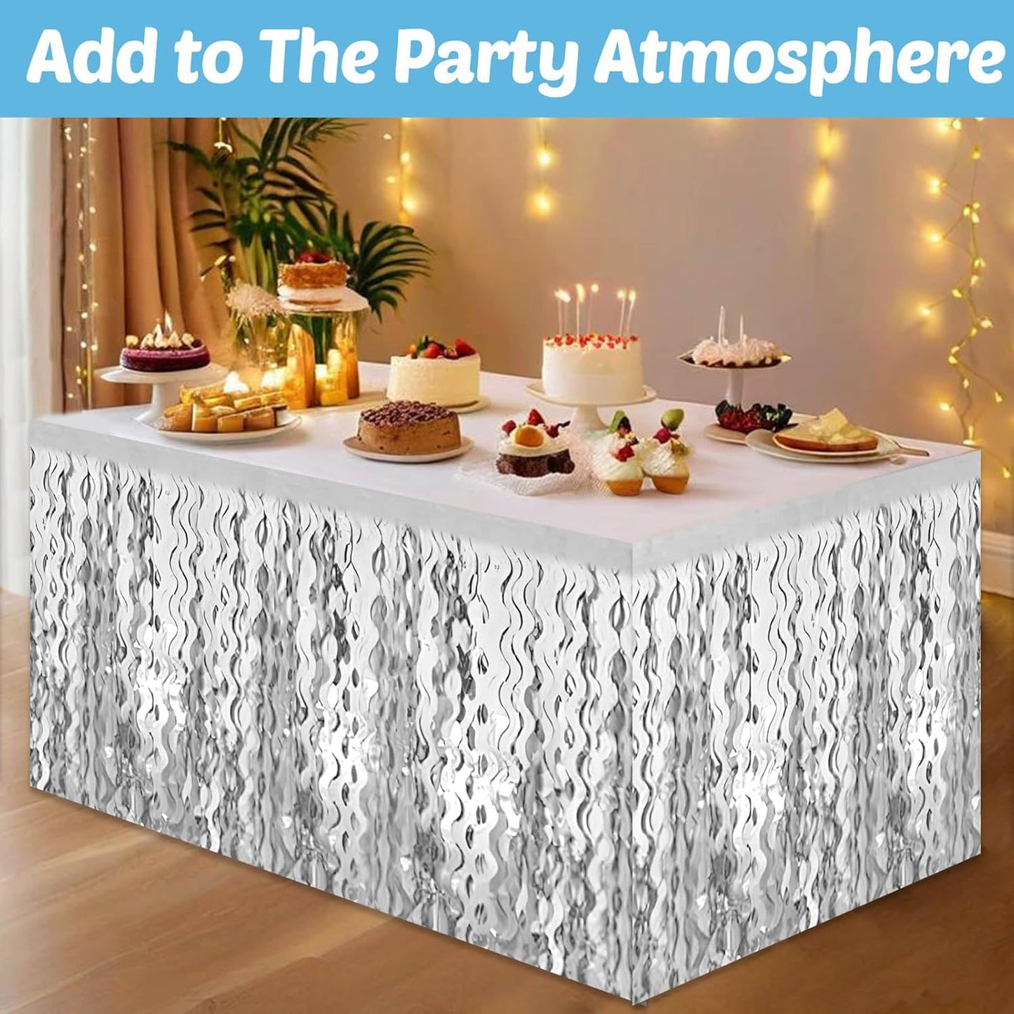 6 Pack 29x108 Inch Silver Wave Foil Fringe Table Skirts Metallic Banner for Tinsel Streamer Garland Backdrop for Parade Floats Wedding, Mother's Day, Birthday Mardi Gras Party Decorations