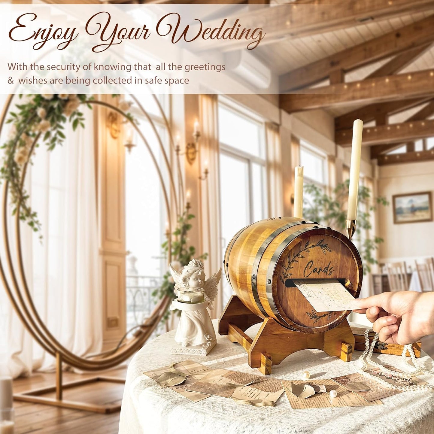 OurWarm Wooden Wedding Card Box for Party with Base, Brown Whiskey Barrel Gift Card Box Holder for Cards Envelops and Money, Rustic Wedding Decor for Graduation Baby Shower Birthday Party