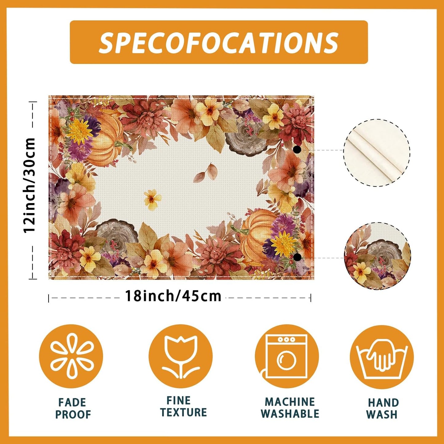 XCHI Fall Color Wild Flowers Watercolor Placemats Set of 4 for Party Home Kitchen Dining Table Decorations Table Mats 12x18 Inch