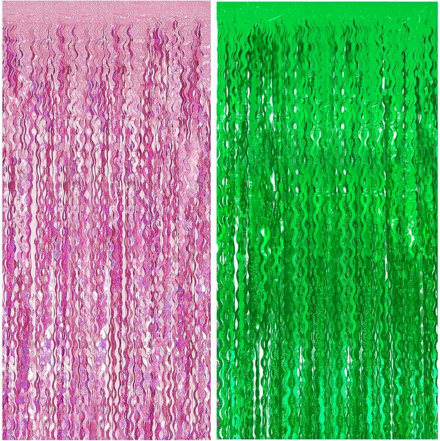 CANREVEL 2 Pack 3.3x6.6 Feet Pink and Green Wavy Foil Fringe Backdrop Curtains, Tinsel Streamers for Wicked Witch Merch Decor Birthday Party, Graduation, Halloween Party Decorations