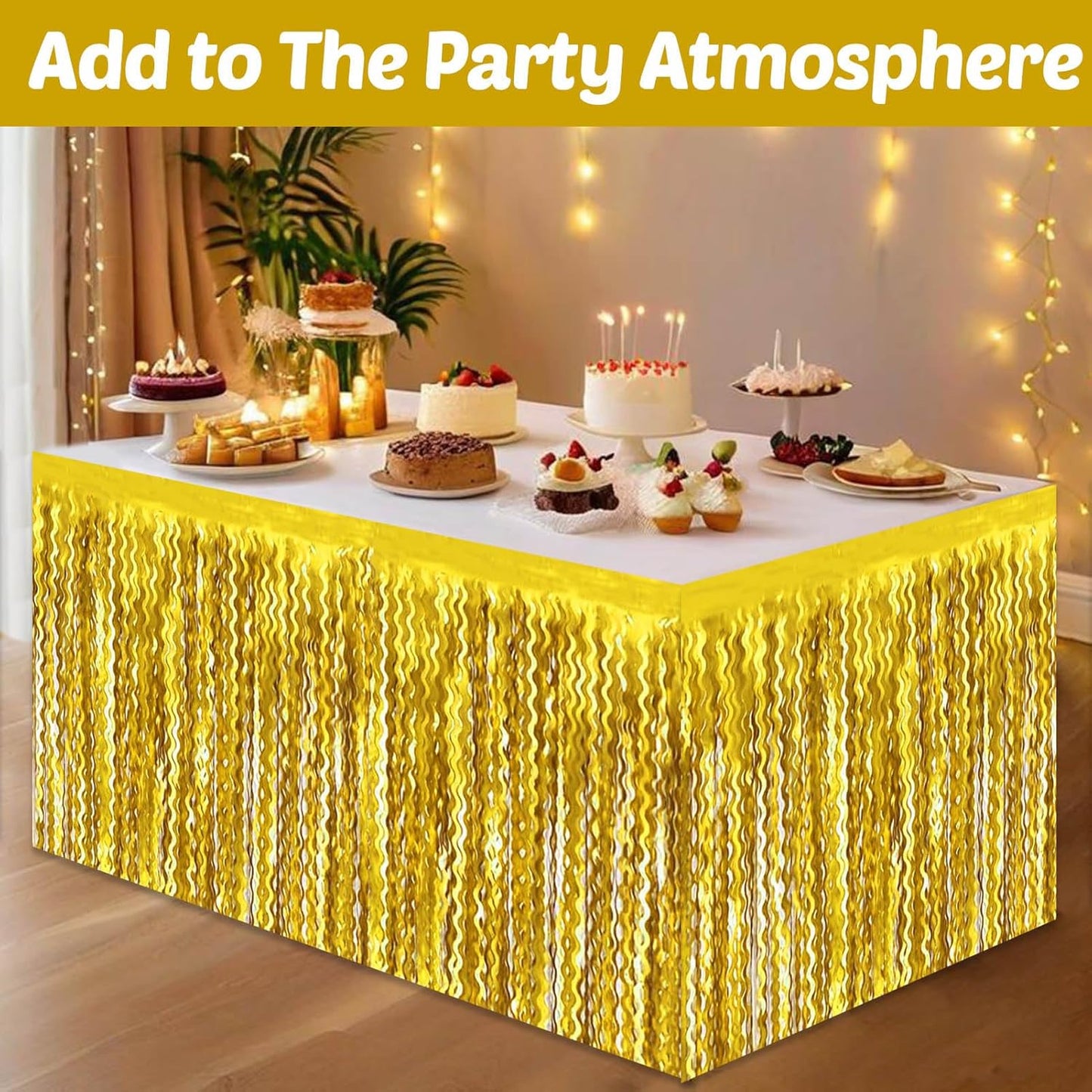 6 Pack 29x108 Inch Gold Wave Foil Fringe Table Skirts Metallic Banner for Tinsel Streamer Garland Backdrop for Parade Floats Wedding, Mother's Day, Birthday Mardi Gras Party Decorations