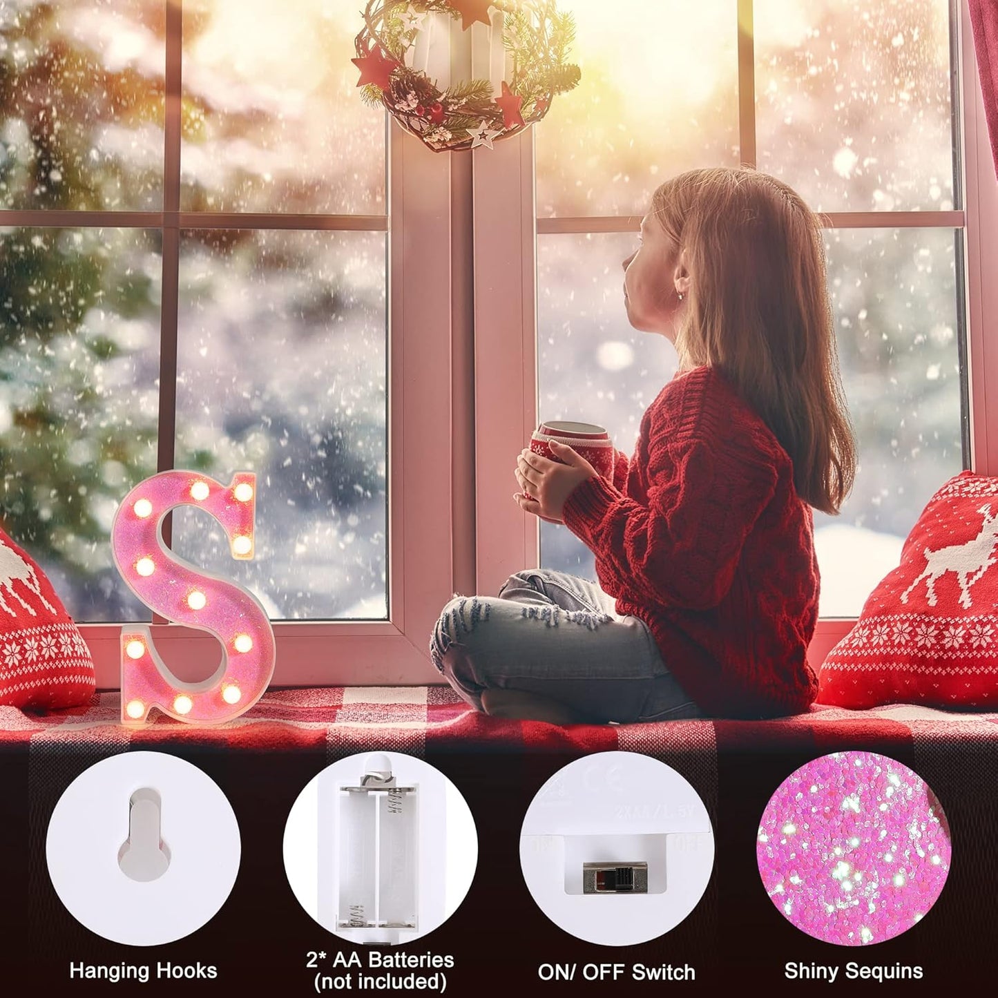 Foaky Pink Light up Letters，Pink Party Decorations,Girls Room Decor,Glitter Light Up Letters,Alphabet Letter Sign for Night Light Birthday Party Girls Gifts, Home Bar Decoration（B）