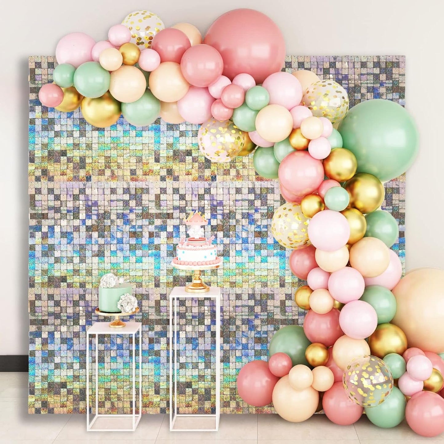 24PCS Silver Shimmer Wall Backdrop, Laser Square Sequin Photo Backdrops Panel, Glitter Wall Background for Birthdays, Weddings, Christmas, Engagements, Disco Bachelorette Party Decoration (4FTx6FT)