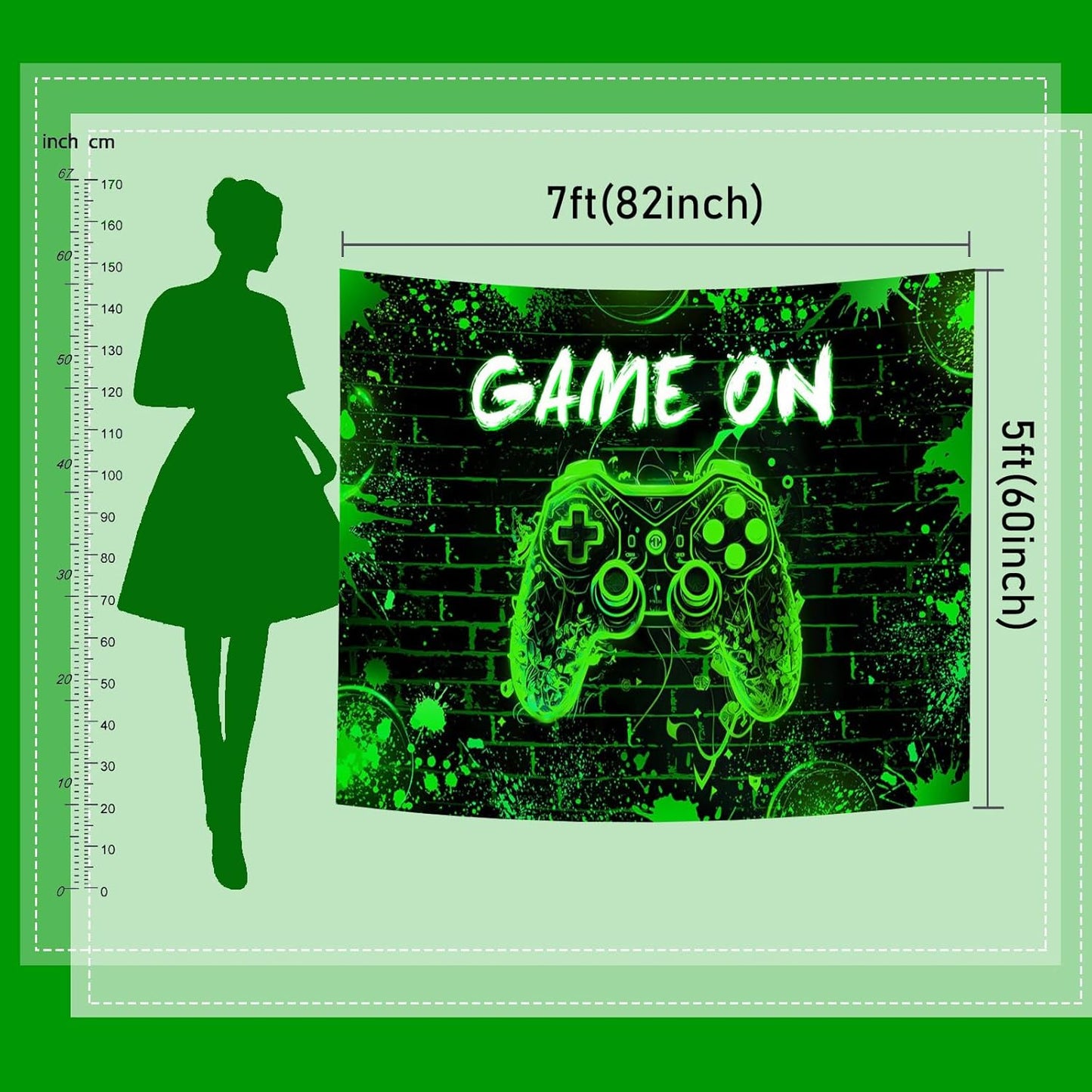 Mocsicka Game On Backdrop Video Game for Boys Level Up Birthday Party Decoration Game Night Arcade Neon Glow Gamer Banner Photography Background (Green, 8x6ft(96"x72"))