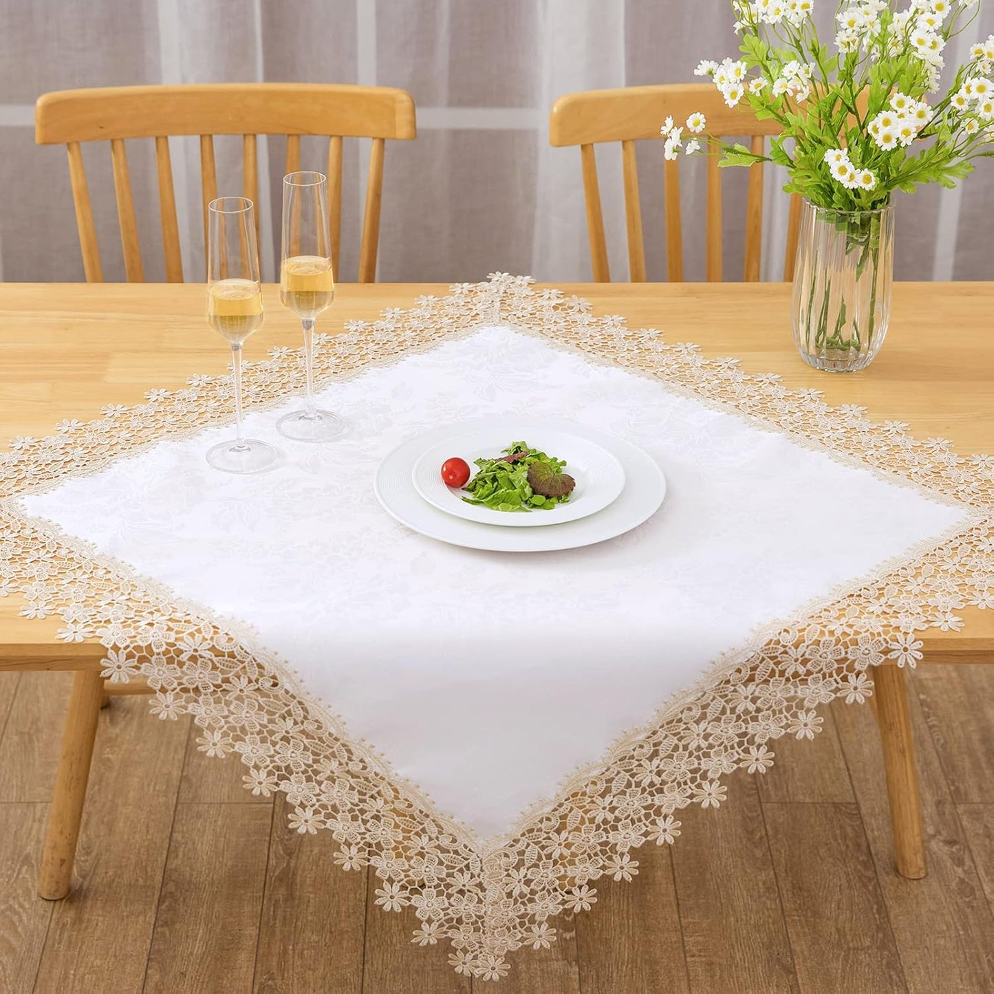 Beige lace Premium Square Farmhouse Tablecloth Waterproof OilProof SpillProof AntiShrink Soft Wrinkle Resistant Decorative Fabric Table Cover Kitchen Dinning Party Wedding Banquet