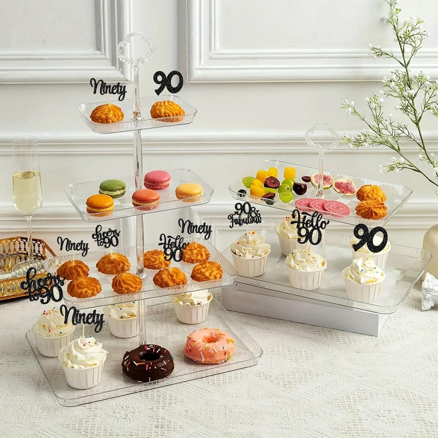 Gyufise 30Pcs Happy 90th Birthday Cupcake Toppers Black Glitter Ninety Cheers to 90 Years Old Birthday Cupcake Picks for Happy 90th Birthday Anniversary Party Cake Decorations