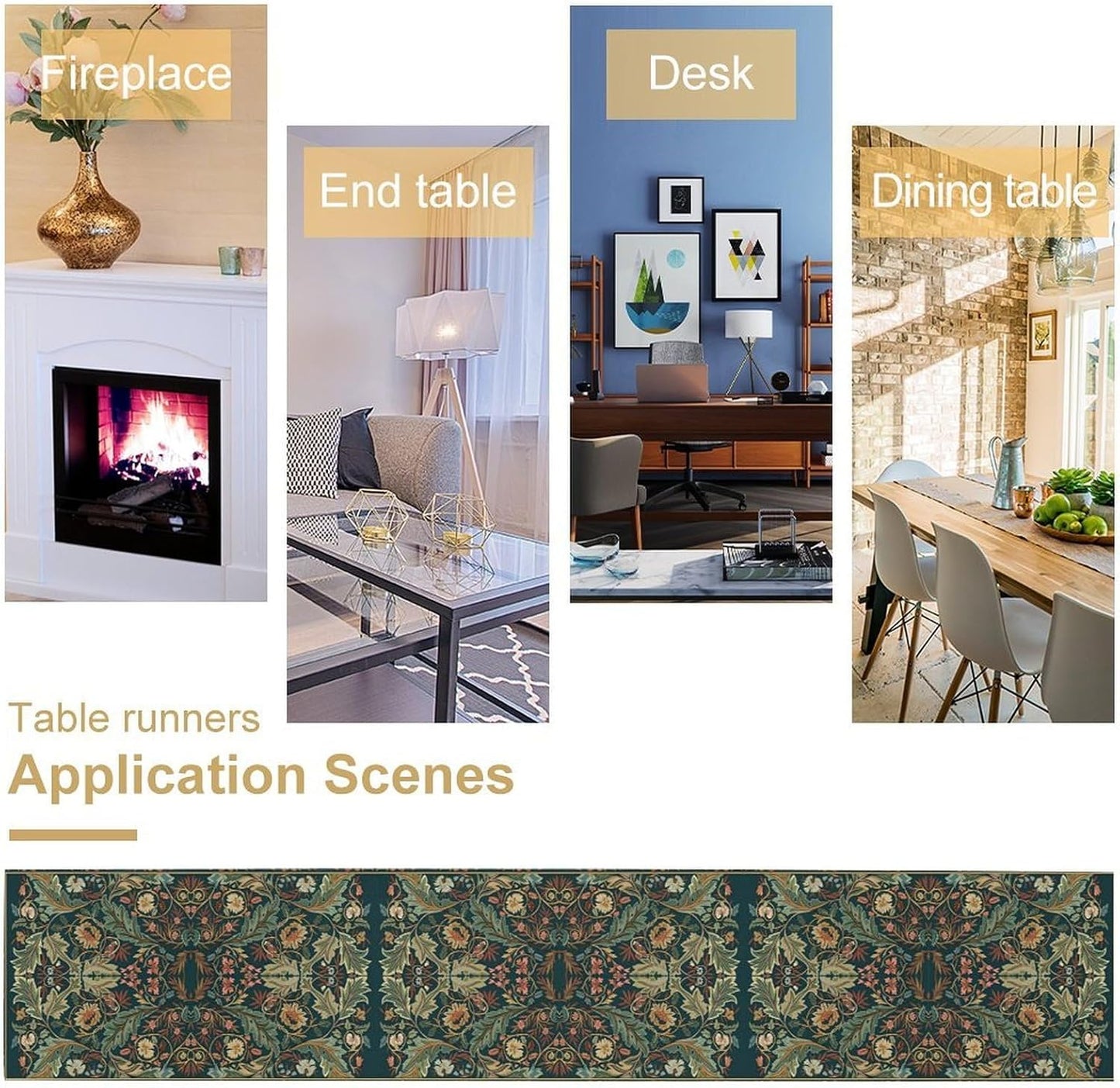 Green Morris Floral Table Runner, Boho Rustic Country Farmhouse Teal Red Rose Pattern for Home Kitchen Table Decor Dining Coffee Room Party Decor 13x36in