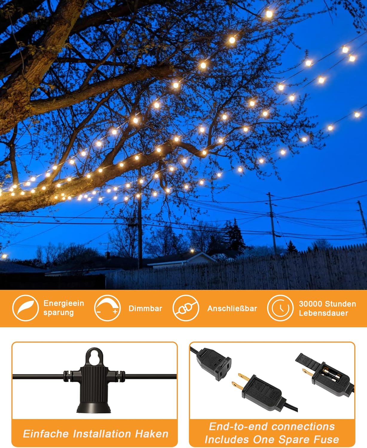 Outdoor String Lights, 200FT Patio Lights with 100 Shatterproof G40 Globe Bulbs(4 Spare), Waterproof Connectable Dimmable LED Hanging String Lights for Outside Backyard Porch Balcony (100FT x 2)