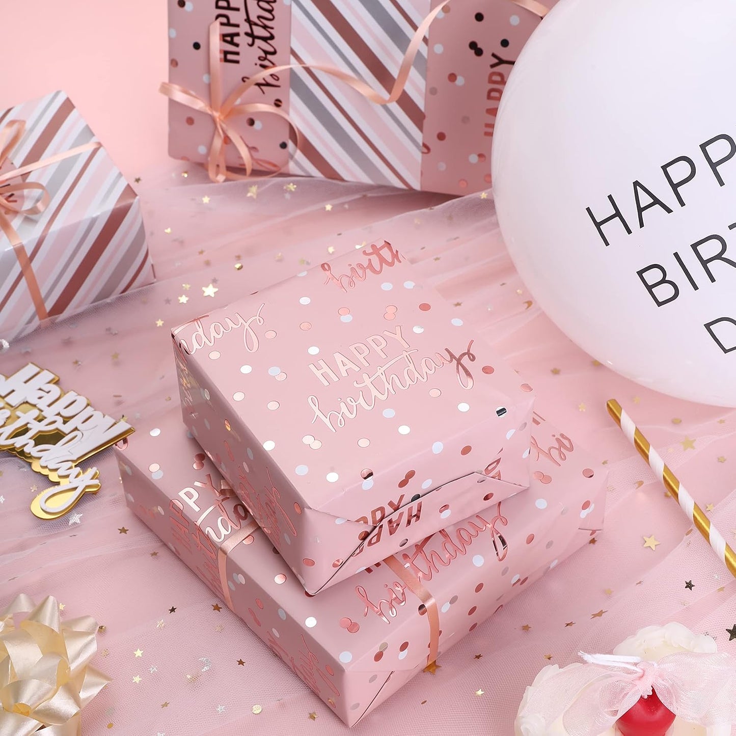 LeZakaa Reversible Pink Birthday Wrapping Paper Roll for Girls Women, Happy Birthday Lettering & Stripe Pattern with Metallic Foil in Pink, Mini Roll, 17 inches x 32.8 Feet (46.45 sq.ft.)