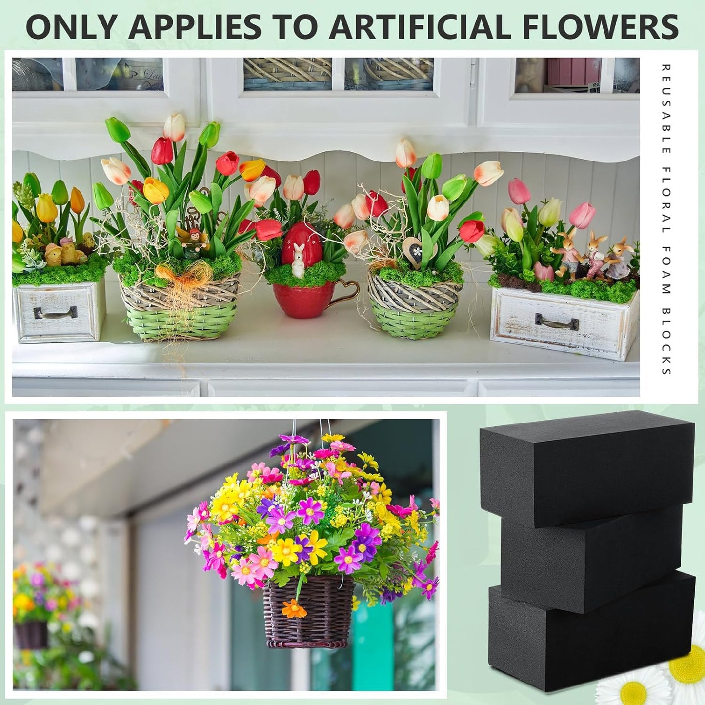 Lallisa 8 Pcs Reusable Floral Foam Blocks Water Weather Resistant Dry Floral Foam for Artificial Flower Arrangements Outdoor Flower Boxes Outside Hanging Planters Wedding Home Decor (9 x 3 x 3")