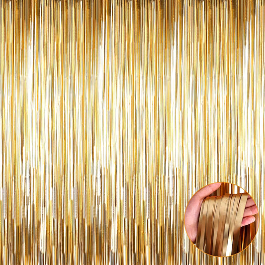 4 Pack Champagne Gold Foil Fringe Curtain Backdrop, 3.3Ft x 9.8Ft Metallic Tinsel Foil Streamers Curtains for Photo Booth, Wedding, Thanksgiving, Birthday, Christmas, Halloween Party Decoration
