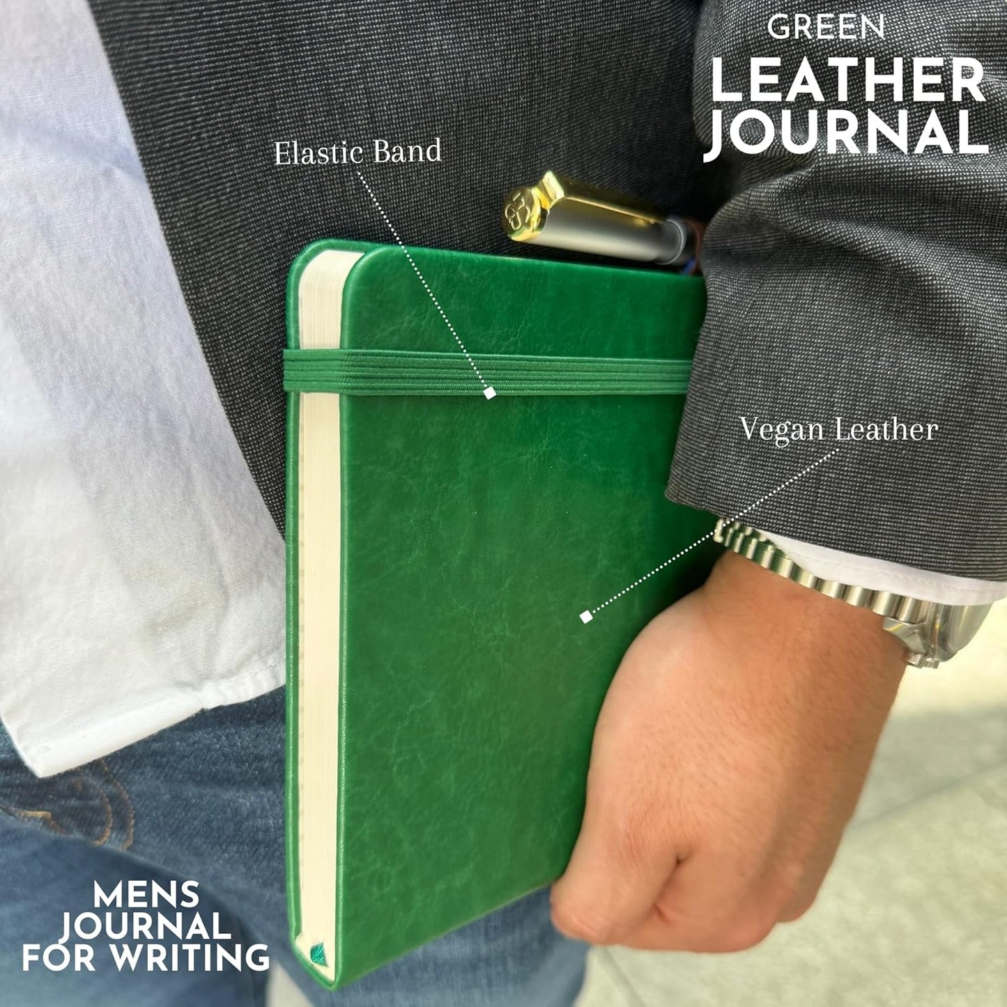 SETTINI Journal Notebook for Writing, Vegan Leather Hardcover Notebook - Pen loop, Back Pockets & Lay-Flat design, 120 GSM A5 College ruled Bleed free Paper, Gift Set for Men and Women, Emerald Green - Birthday Gift
