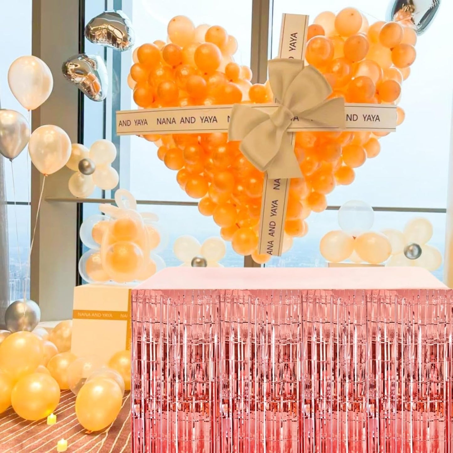 Rose Gold Streamers Party Decorations, 2 Packs Rose Gold Table Skirts Metallic Foil Fringe Tinsel for Bachelorette Birthday Wedding Graduation Float Parade Party Supplies - 29x108 Inch