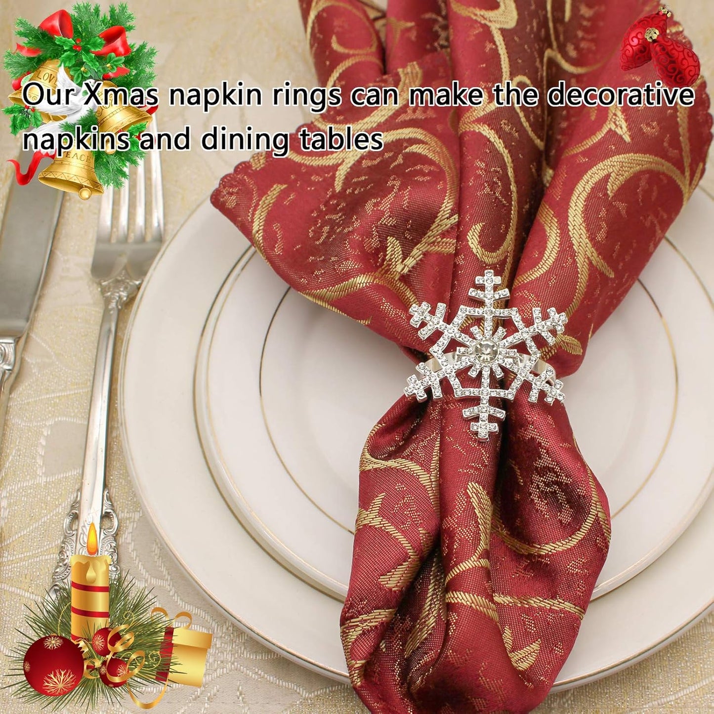 Halatool Set of 6 Christmas Rhinestone Snowflake Napkin Rings for Xmas Dining Table- Napkin Ring Holder for Christmas, Thanksgiving, Holiday Party Table Decoration