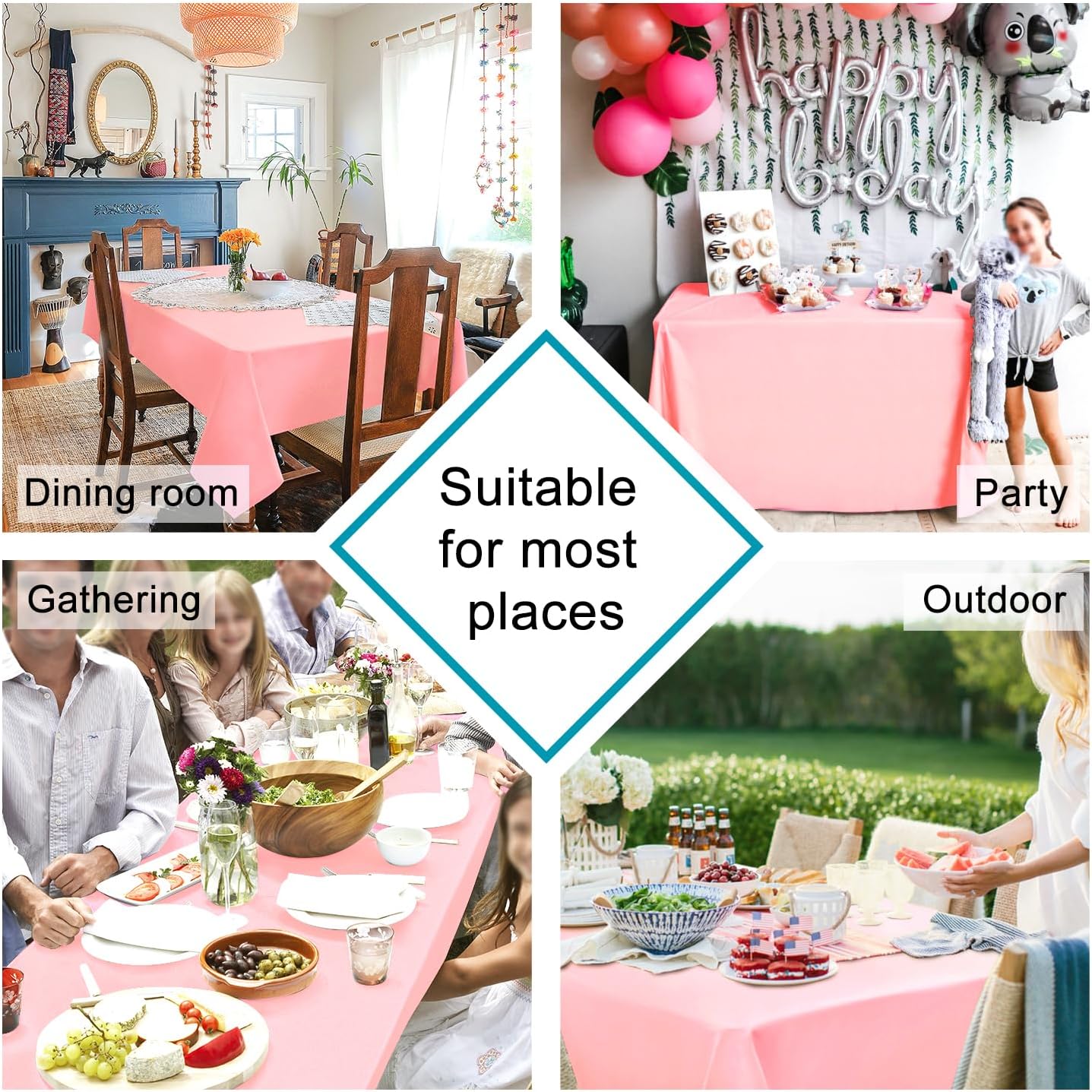 Hiasan Waterproof Tablecloth Rectangle - Washable Fabric Table Cloth for Dining Room Kitchen Birthday Party and Outdoor Use, Rose Pink, 70 x 108 Inch