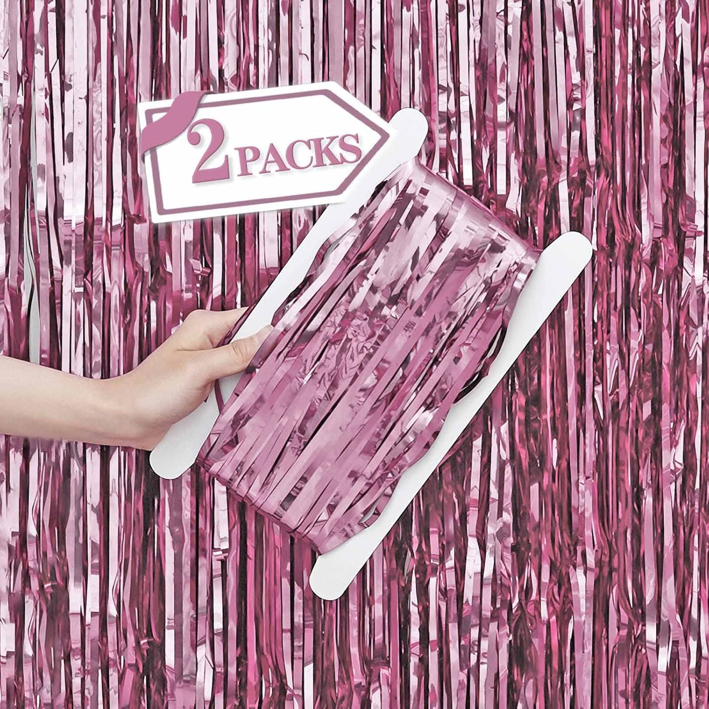 2 Pcs Pink Metallic Tinsel Foil Fringe Curtains Backdrop, 3.28 ft x 6.56 ft Streamers for Birthday Gender Reveal Wedding Photo Booth Bachelorette Party Bridal Shower Baby Shower Decorations Supplies