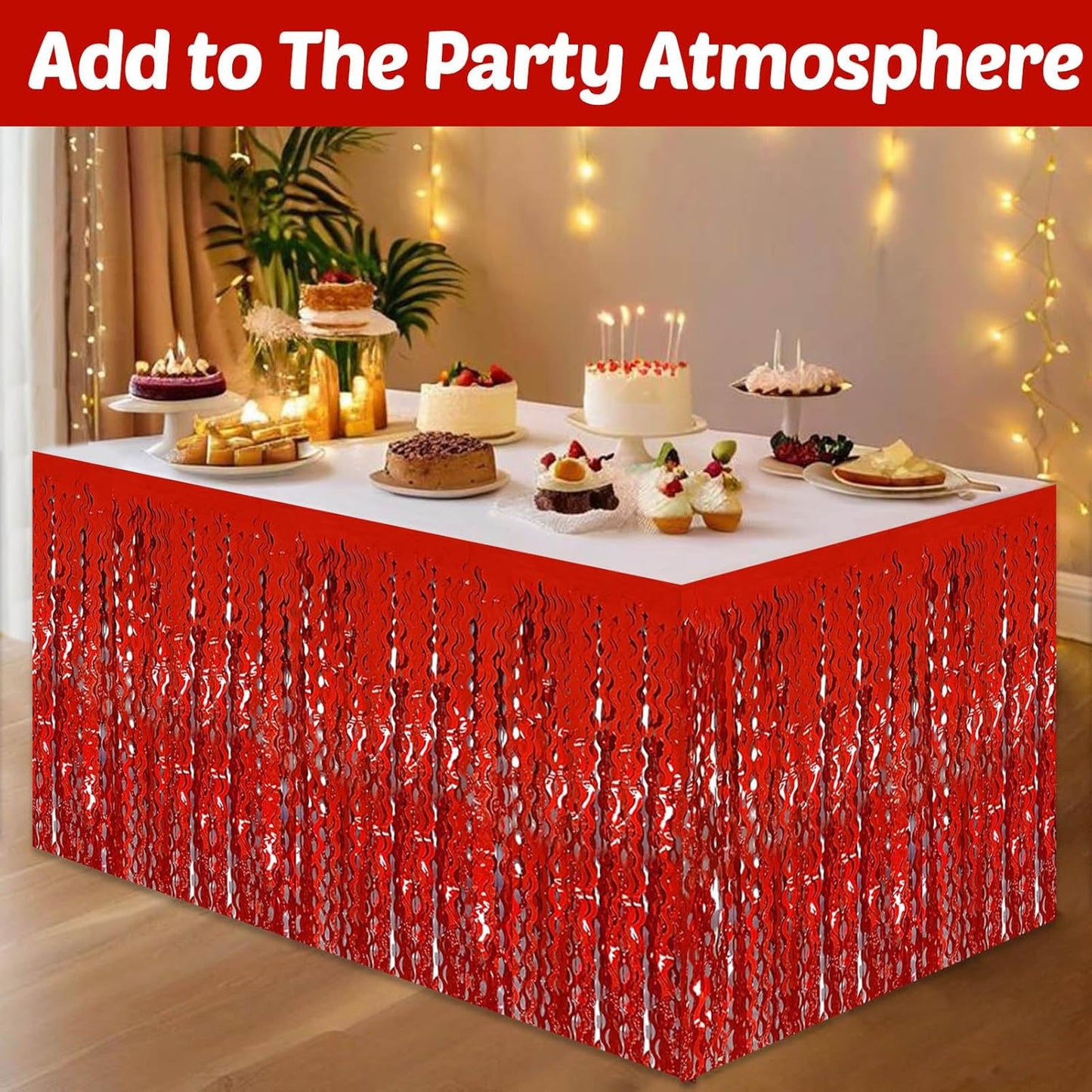 6 Pack 29x108 Inch Red Wave Foil Fringe Table Skirts Metallic Banner for Tinsel Streamer Garland Backdrop for Parade Floats Wedding, Mother's Day, Birthday Mardi Gras Party Decorations