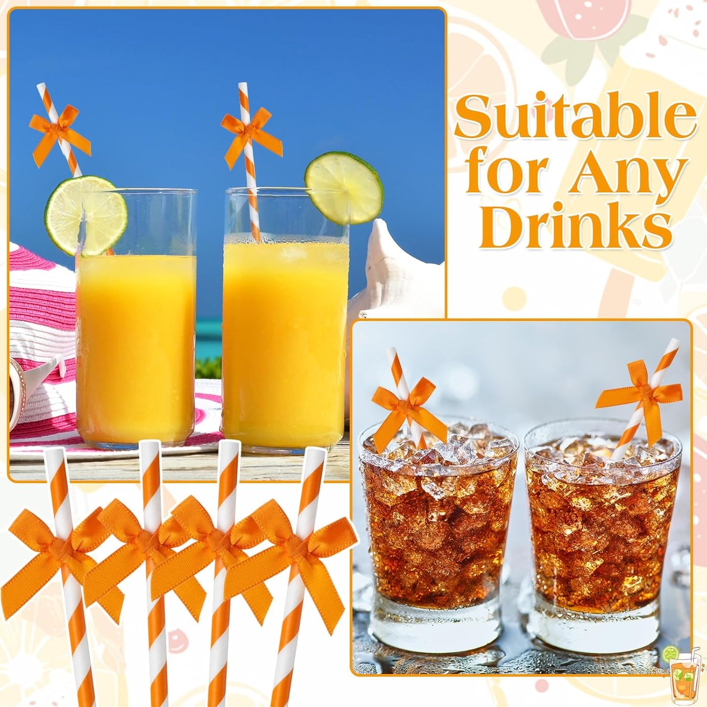 50 Pcs Fall Orange Paper Bow Straws for Drinking, Halloween Disposable Striped Paper Straws Bulk Autumn Theme Birthday Party Supplies for Wedding Cake Decorations Bachelorette Bridal Shower