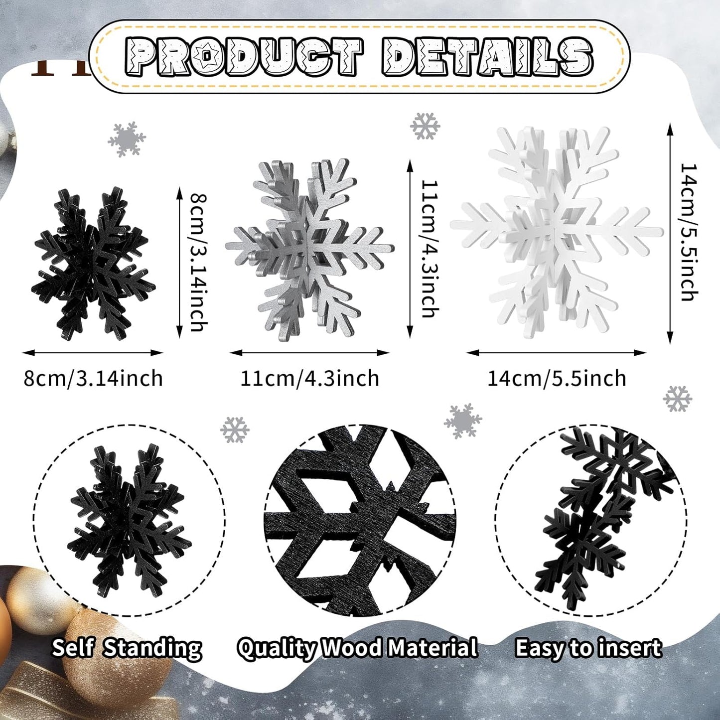 Bucherry 12 Pcs Wooden Snowflake Table Decor 3D Snowflake Tabletop Signs and Centerpiece for Christmas Xmas Winter Wonderland Decorations Home Party(White, Gray, Black)