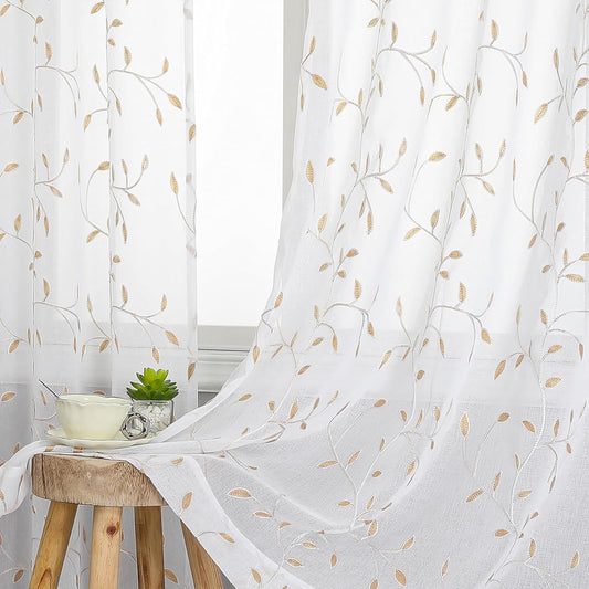 VISIONTEX White Sheer Voile Curtains, Decorative Orange Leaves Embroidery Faux Linen Rod Pocket Window Drapes for Home Kitchen, Living Room and Bedroom 54 x 84 Inch, Set of 2 Curtain Panels