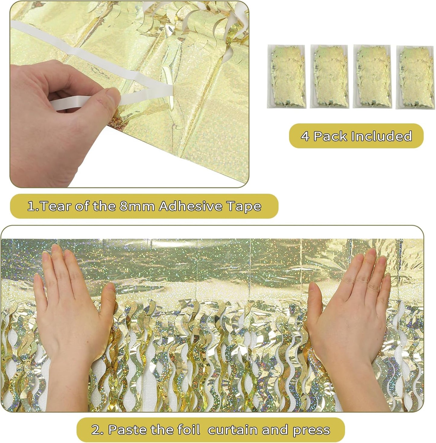 4 Pack Wavy Sparkle Champagne Gold Metallic Tinsel Foil Fringe Curtains Photo Booth Backdrop | Gold Streamer Backdrop for Holiday Celebration Bachelorette Party Decorations