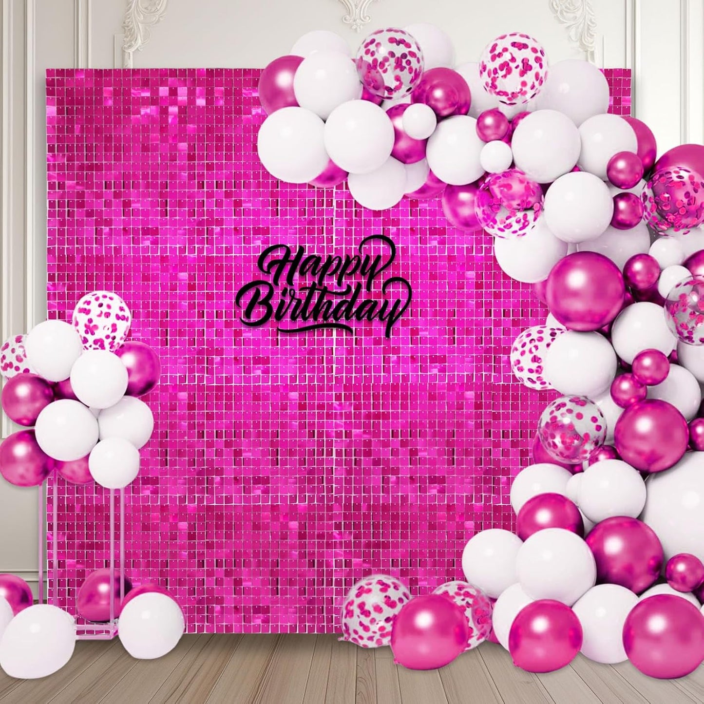 12PCS Fuchsia Shimmer Wall Backdrop, Square Sequin Photo Backdrops Panel, Glitter Wall Background for Birthdays, Weddings, Engagements, Baby Showers, Disco Bachelorette Party Decoration (3FTx4FT)
