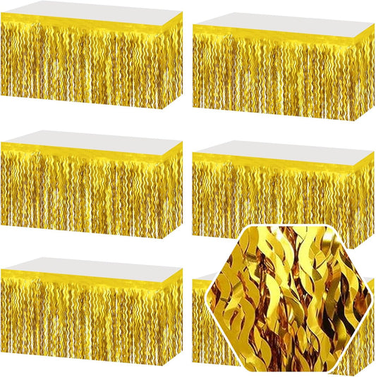 6 Pack 29 x108 Inch Gold Wave Foil Fringe Table Skirts Metallic Banner for Tinsel Streamer Garland Backdrop for Parade Floats, Mother's Day, Easter, Wedding, Birthday Party Decoration