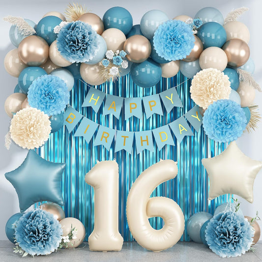 Dusty Blue 16th Birthday Party Decorations Boys Girls Beige Cream Number 16 Balloon with Blue Gold Happy Birthday Banner Fringe Curtain Paper Pom Poms Nude White Sand Champagne Star Foil Balloons